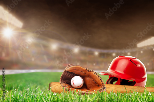 Outdoor Baseball Stadium With Helmet, Bat, Glove and Ball