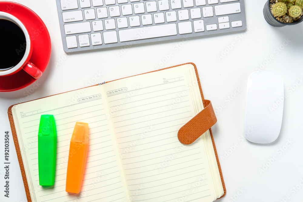 Modern white office desk with office supplies Modern white office desk with office supplies
