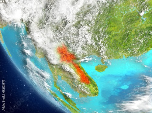 Satellite view of Laos in red