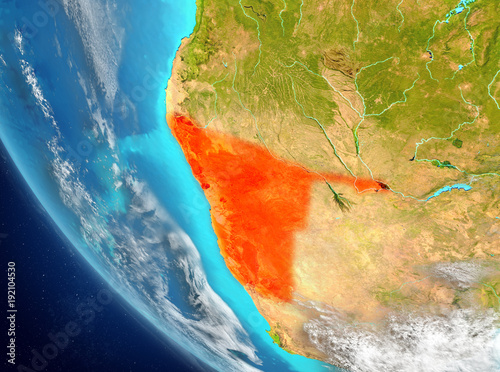 Satellite view of Namibia in red