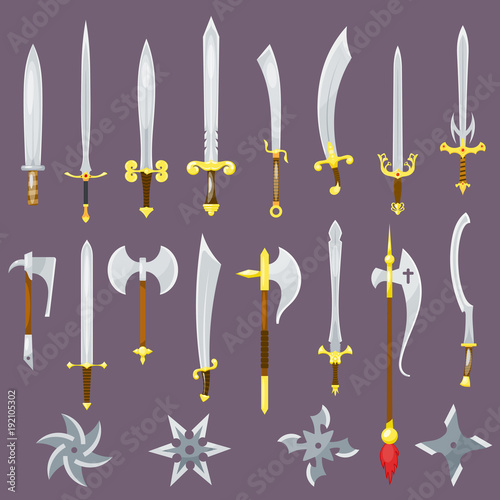 Sword vector medieval weapon of knight with sharp blade and pirates knife illustration broadsword set isolated on background