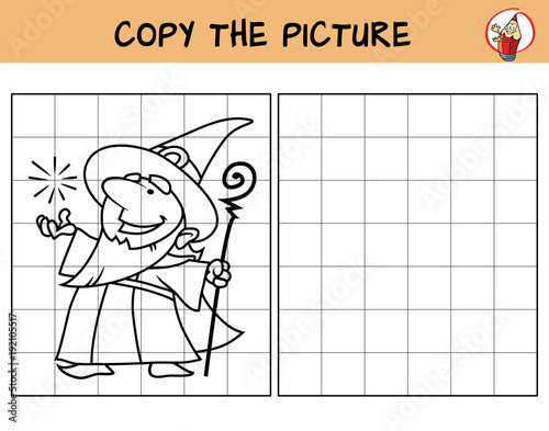 Wizard with a magic staff. Copy the picture. Coloring book. Educational game for children. Cartoon vector illustration