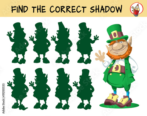 Leprechaun. Find the correct shadow. Educational matching game for children. Cartoon vector illustration
