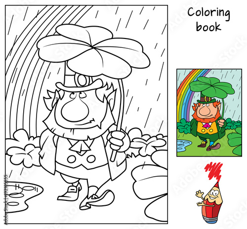 Funny leprechaun holding clover leaf like an umbrella. Coloring book. Cartoon vector illustration