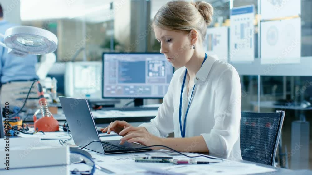 Female Computer Scientists Connects Circuit Board to Her Laptop and Starts Programming it. She Works in the Technologically Advanced Laboratory.