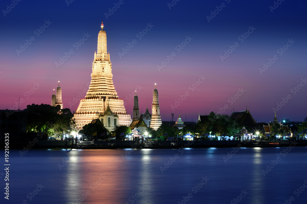 panoramic night view at The Temple of Dawn, Wat Arun Temple, Bangkok Thailand,Chao Phraya River the most favorite landmark view from Chao Phraya river