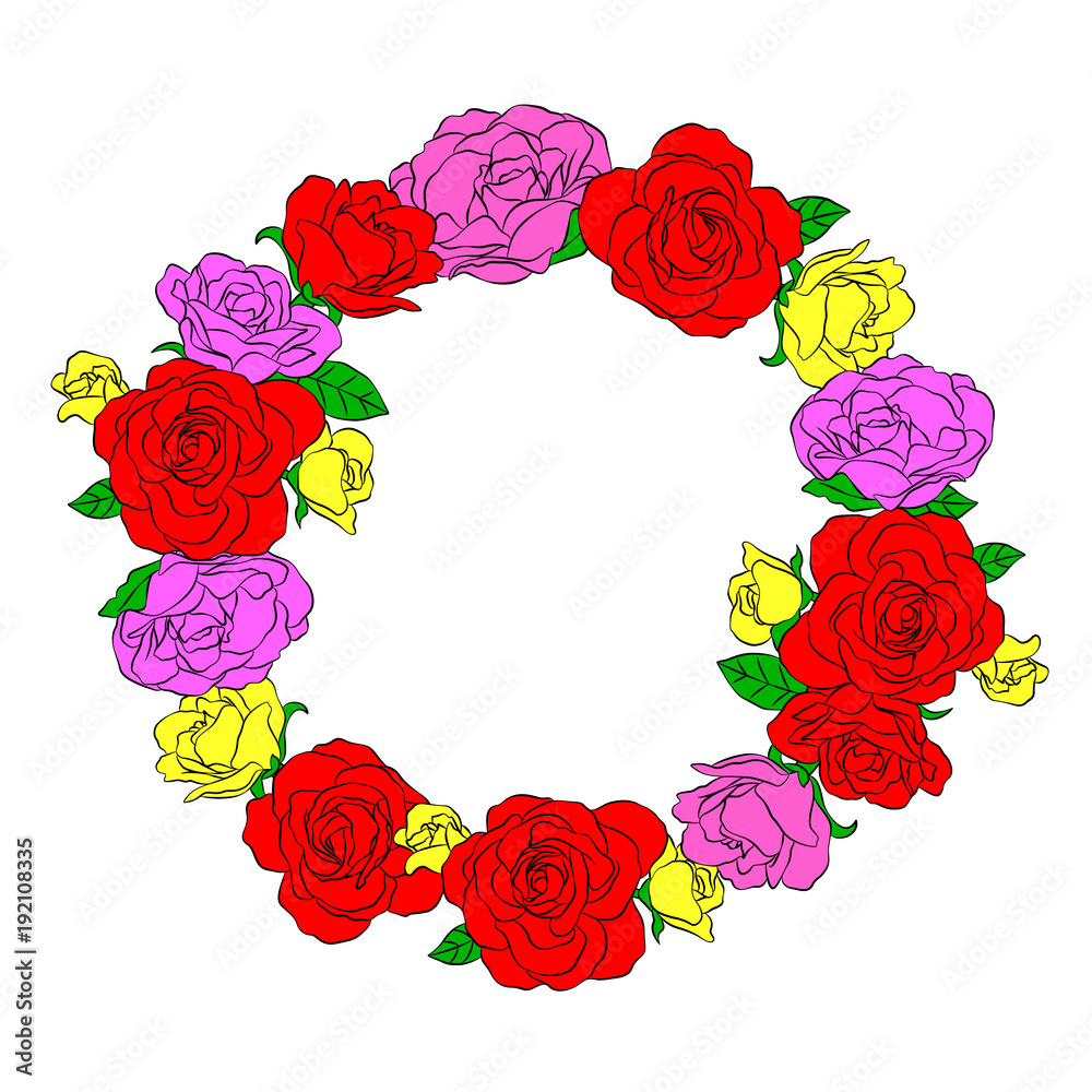 Circle of colorful roses. Vector illustration isolated on white background. Happy Valentine's day.