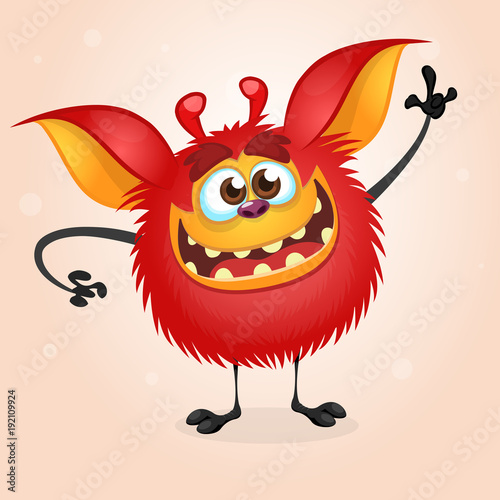 Happy red cartoon monster waving hand. Halloween vector illustration isolated © drawkman