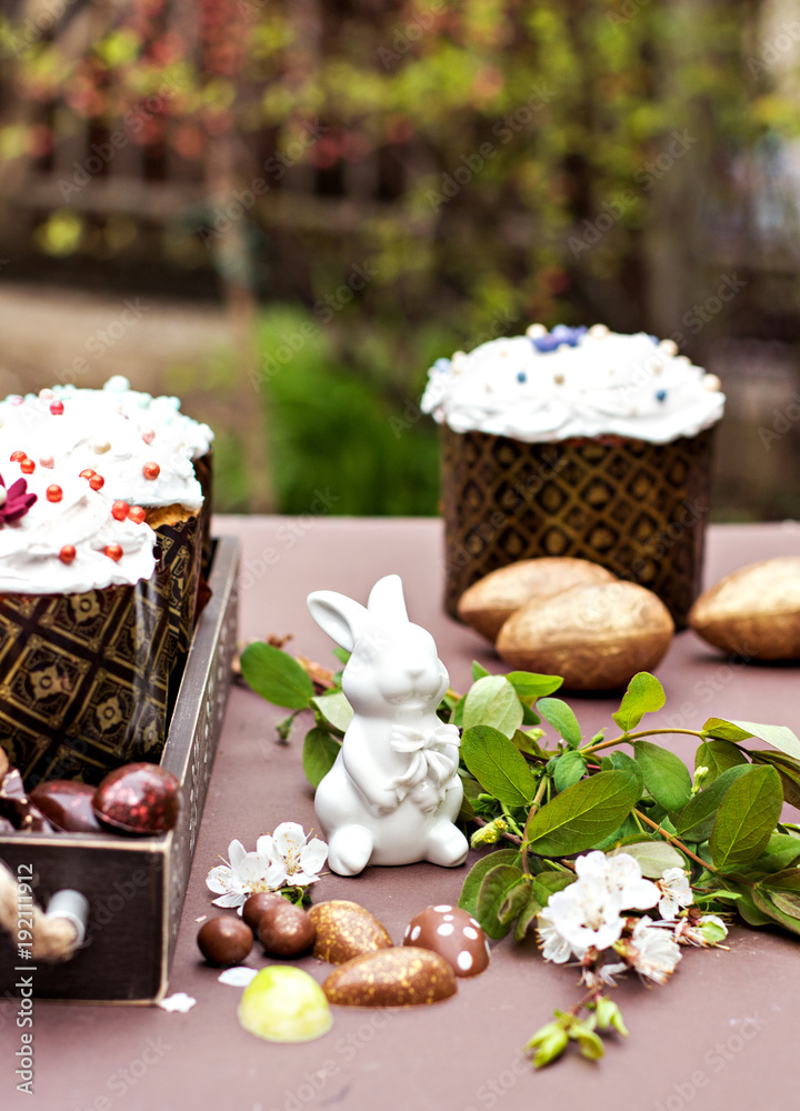 Easter cake and eggs. Easter table decoration. Easter cake and eggs. Easter table decoration.