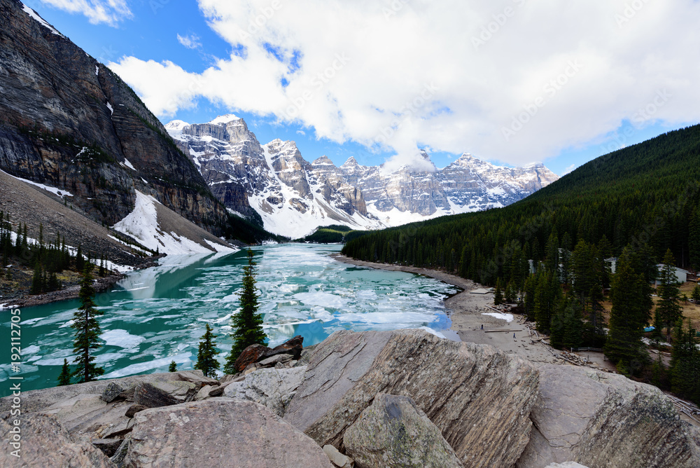 Ice melting at Valley of the Ten Peaks, Moraine Lake, Banff National Park, Alberta, Canada