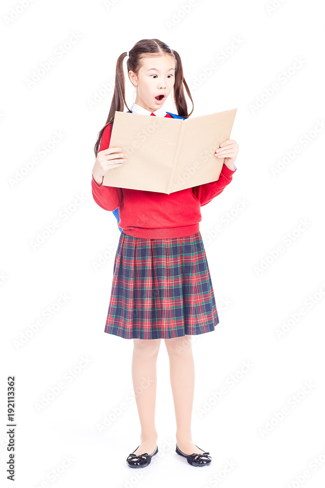Full length portrait of Korean schoolgirl holding open notebook Full length portrait of Korean schoolgirl holding open notebook