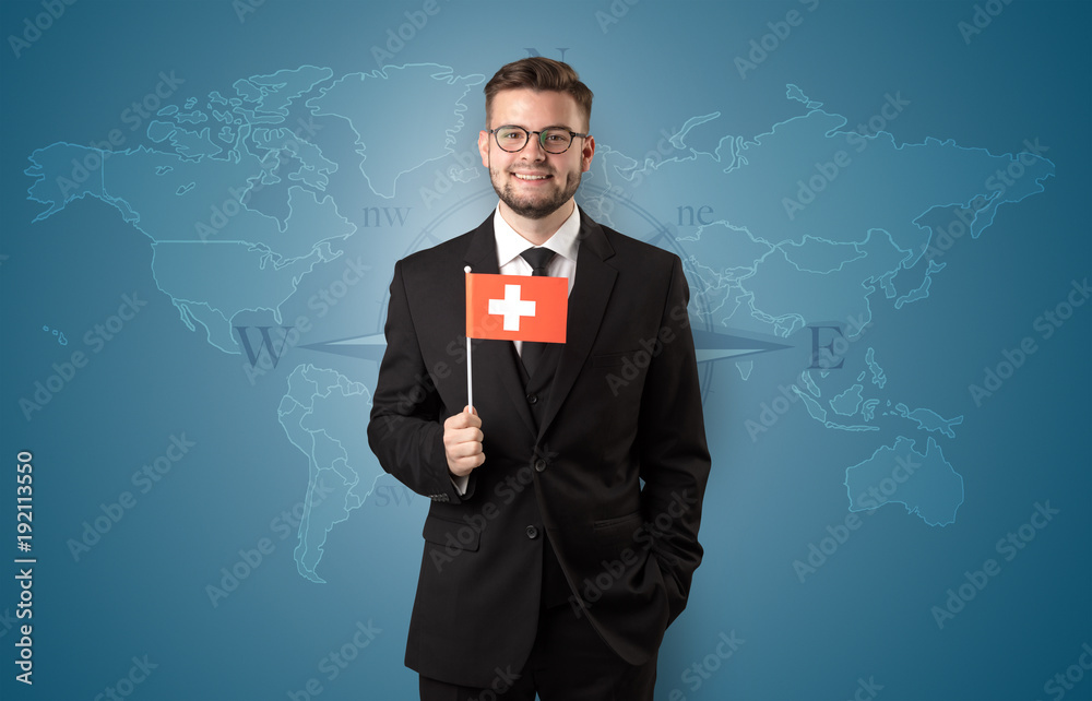 Man standing with flag and map background Man standing with flag and map background