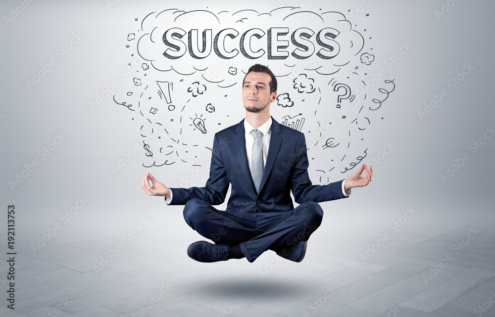 Businessman meditates with doodle concept Businessman meditates with doodle concept