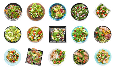 Set of different tasty salads on white background