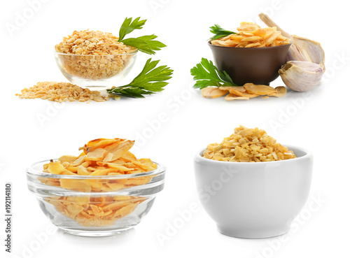 Set with dried garlic on white background