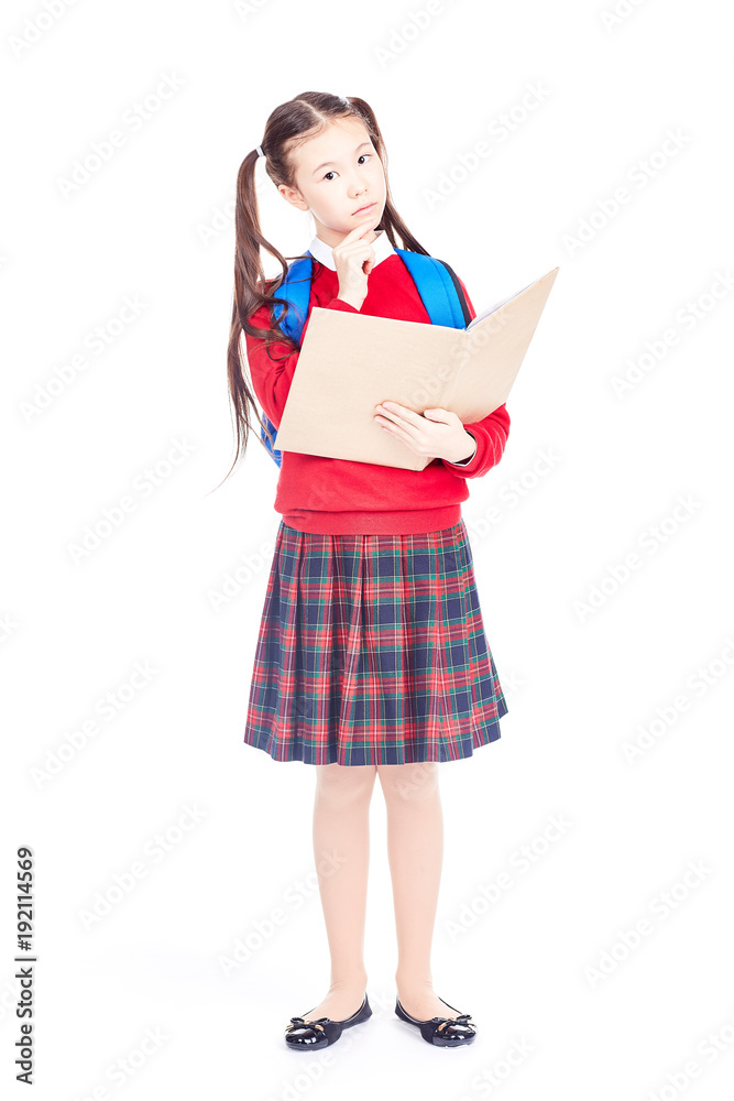 Full length portrait of Korean schoolgirl holding open notebook Full length portrait of Korean schoolgirl holding open notebook