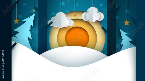 Cartoon paper landscape. Fir, moon, cloud star Vector eps 10