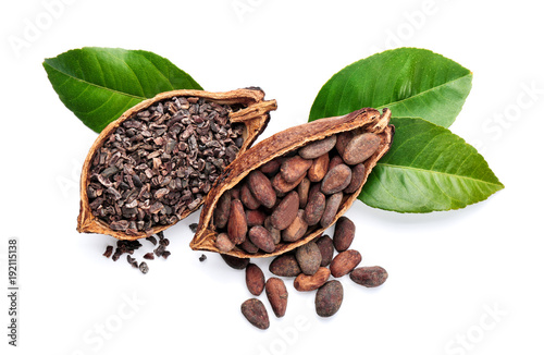 Halves of ripe cocoa pod with beans and nibs on white background