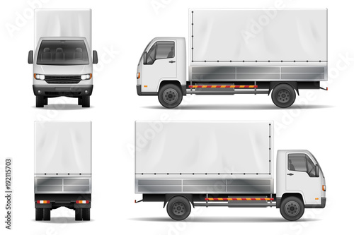 Semi truck isolated on white. Commercial realistic cargo lorry mockup. Delivery truck vector template from side, back, front View.
