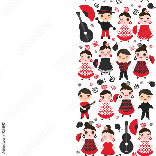 spanish Woman flamenco dancer. Kawaii cute face with pink cheeks and winking eyes. Gipsy girl, red black dress, polka dot fabric, on white background banner template, card design. Vector