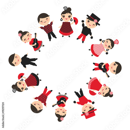 Spanish flamenco dancer card design, round banner template. Kawaii cute face pink cheeks winking eyes. Gipsy girl and boy, red black white dress, polka dot fabric, Isolated on white background. Vector