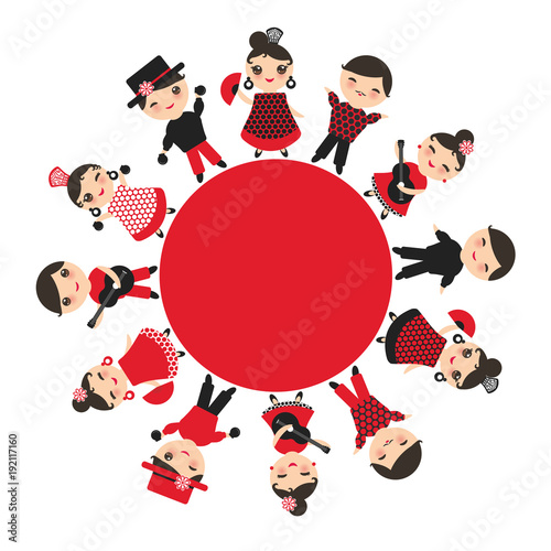 Spanish flamenco dancer card design, round banner template. Kawaii cute face pink cheeks winking eyes. Gipsy girl and boy, red black white dress, polka dot fabric, Isolated on white background. Vector