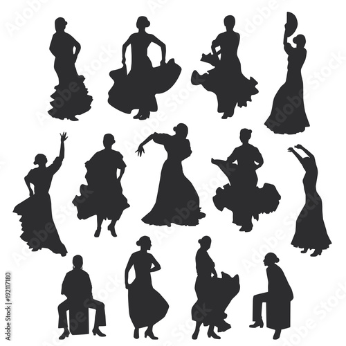 set of women in dress stay in dancing pose. flamenco dancer Spanish regions of Andalusia, Extremadura and Murcia, Cajon percussion instrument. black silhouette white background brush sketch. Vector