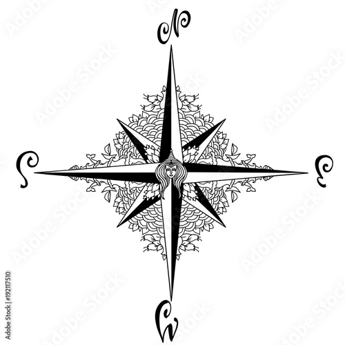 Wind rose in mandala style. Nautical compass icon isolated on white background. Asian pattern. Vector illustration.