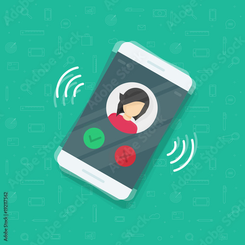 Smartphone or mobile phone ringing vector illustration, flat cartoon cellphone call or vibrate with contact info on display, ring of phone icon