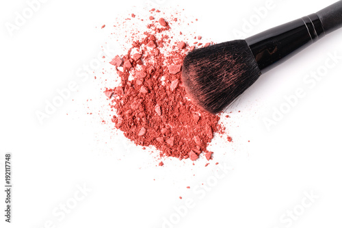 Beige face powder and brush for make up isolated on white background photo