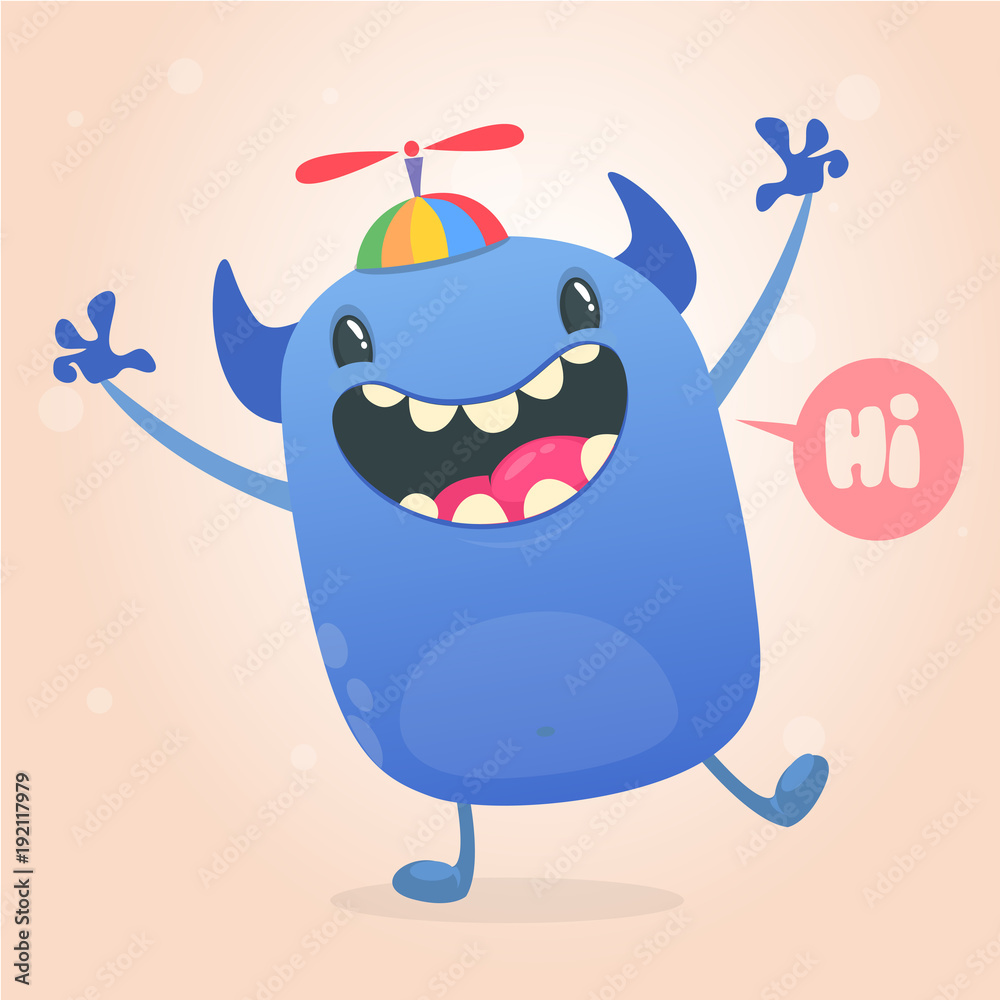 Cute tiny blue monster in kid's hat with propeller dancing. Vector illustration of monster character. Design for children book, holiday decoration, stickers or print Cute tiny blue monster in kid's hat with propeller dancing. Vector illustration of monster character. Design for children book, holiday decoration, stickers or print