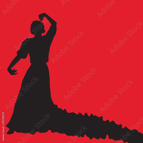 Woman in long dress stay in dancing pose. flamenco dancer, spanish. black silhouette Isolated on red background. Vector