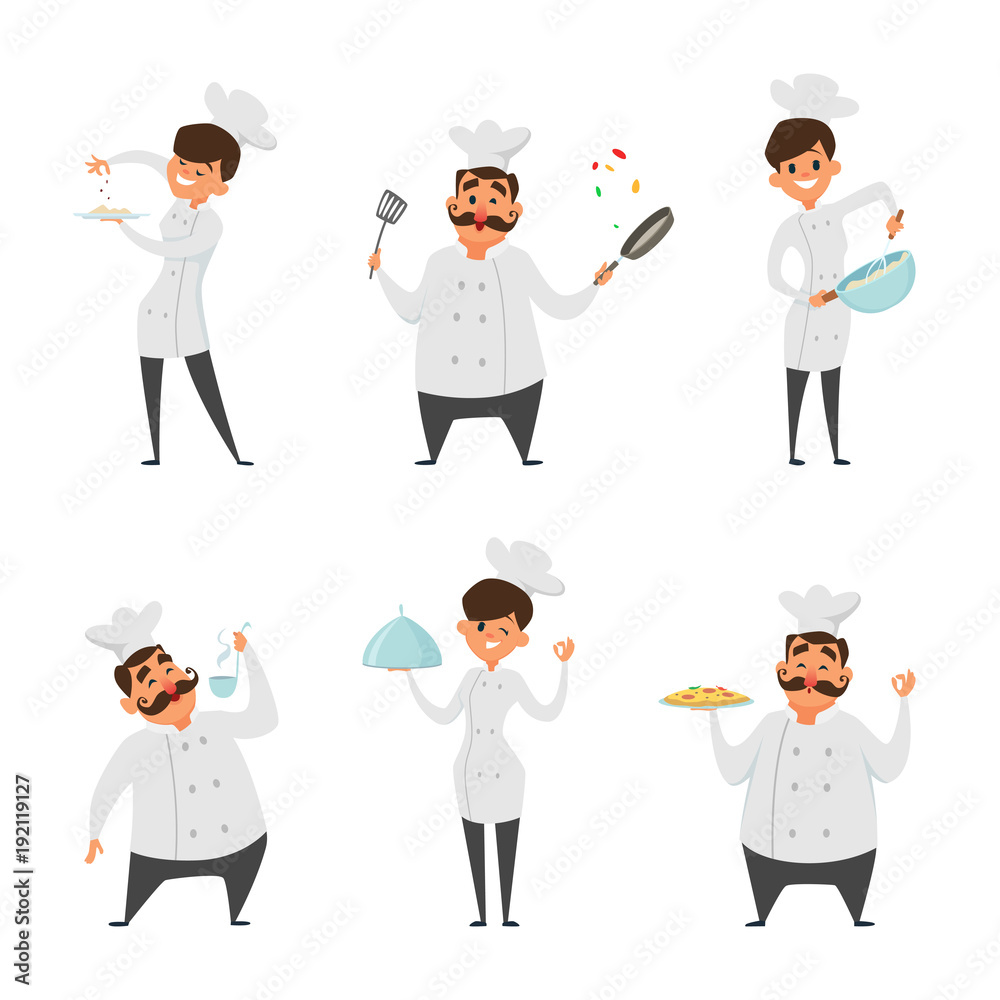 Illustrations of male and female professional chef in action poses Illustrations of male and female professional chef in action poses