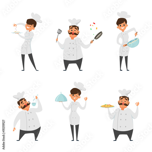 Illustrations of male and female professional chef in action poses