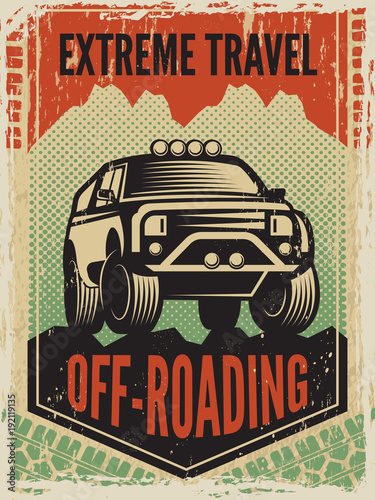 Plakat Zaprojektuj szablon plakatu w stylu retro z suv duży samochód. Off road machine