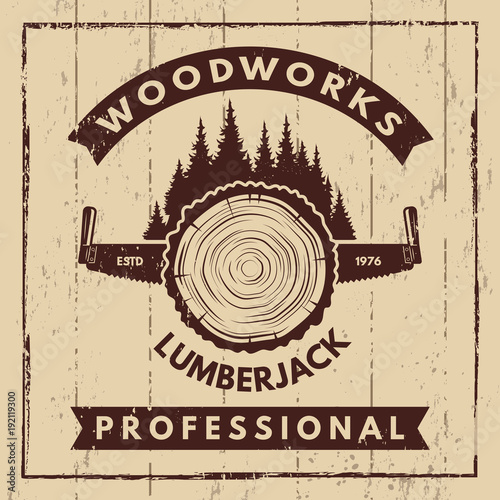 Retro poster with monochrome symbols of sawmill and woodcutter
