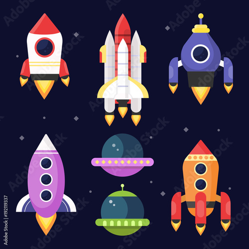 Illustrations of space with shuttles. Vector pictures
