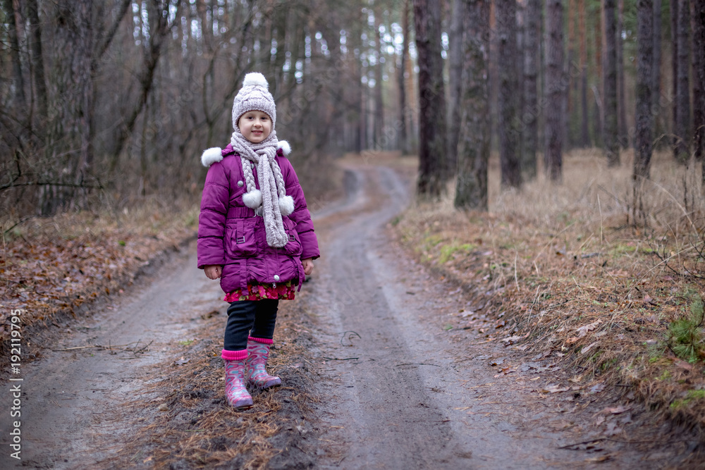 Little cute little girl posing on the road in the autumn forest. Little cute little girl posing on the road in the autumn forest.