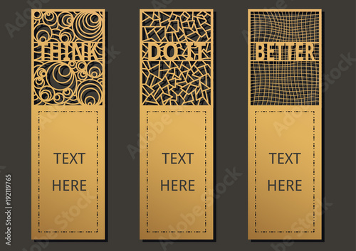 Laser cut with Wording set of ornate cards. Template for greeting card ,motivation tag, small card, bookmark and label with space for your text. Vector illustration design.