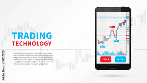 Forex trading candlestick chart on mobile screen vector illustration. Stock exchange market graph on smartphone creative concept. Stock trading technology graphic design.