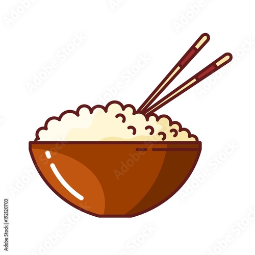 Colored picture of rice in a clay bowl with chopsticks. Vector illustration of Japanese food on white background