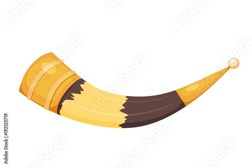 Color image of a traditional Caucasian cup made from a bull's horn in a cardboard style on a white background. Vector illustration of a wine cow horn