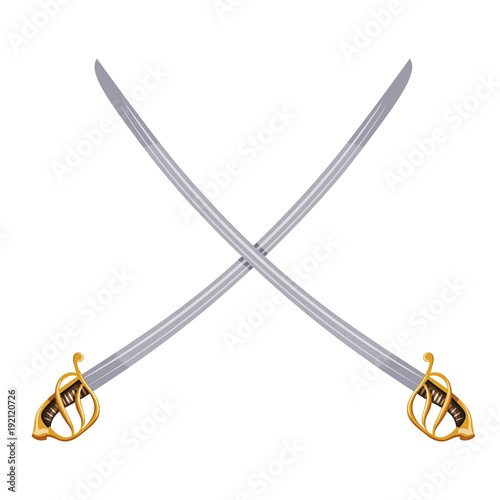Color image of two crossed vintage sabers on a white background. Vector illustration of retro swords
