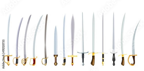 Vector illustration of an old weapon on a white background. Vintage swords with hilts, color image of bladed weapons