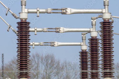 Substation with power lines and insulators
