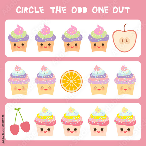 Visual logic puzzle Circle the odd one out. Kawaii colorful cupcake apple orange cherry  with pink cheeks and winking eyes, pastel colors on white background. Vector