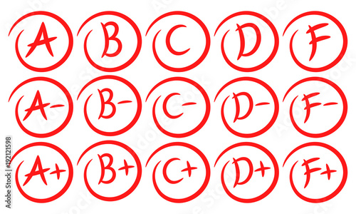 Grade results. Hand drawn grades with circles. Success. Pass the exam. Fall the exam. Vector set
