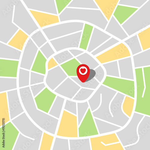 City map of an imaginary city with red pin. Vector illustration.
