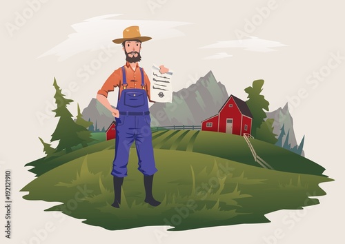 The farmer stands on the farm and holds a paper document. Paper on private ownership or insurance. Vector illustration, isolated on light background.