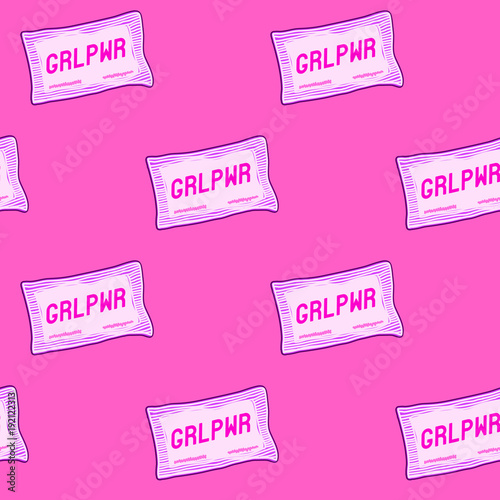 Seamless pattern with sugar packs with words "GRL PWR" (girl power). Pink background.